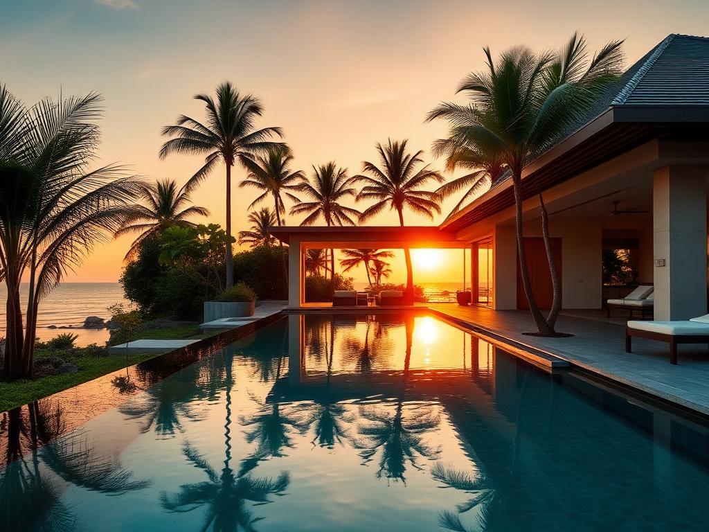 Luxury Bali villa with infinity pool at sunset